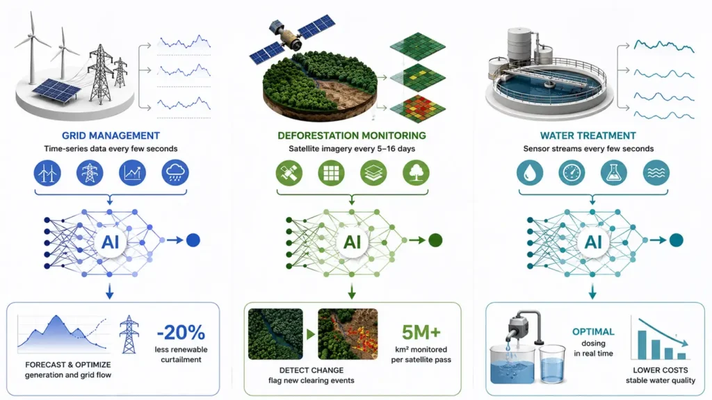Infographic showing grid, satellite, and water sensor data sources that power artificial intelligence in eco tech systems.