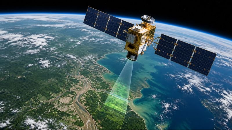 Earth observation satellite scanning a coastal landscape from orbit for environmental remote sensing and land surface monitoring.