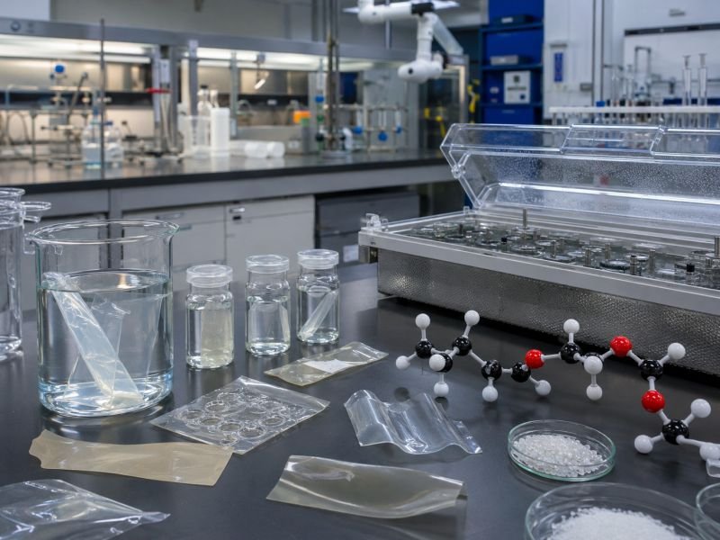 Biodegradable plastic films, water exposure tests, molecular ester bond model, and degradation setup in a polymer chemistry laboratory