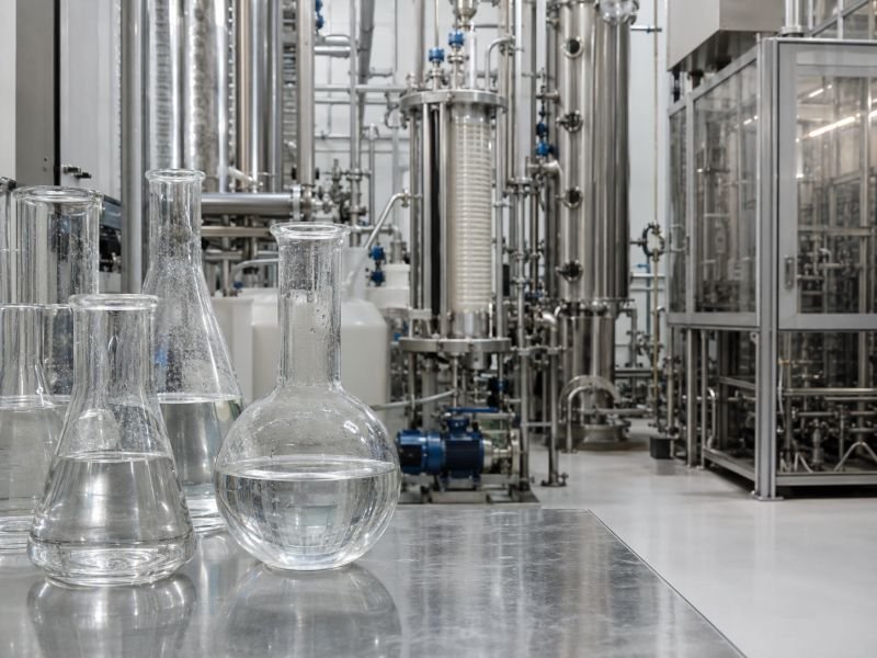 Clear ethylene glycol liquid in laboratory flasks with stainless distillation equipment and PET polymer processing hardware