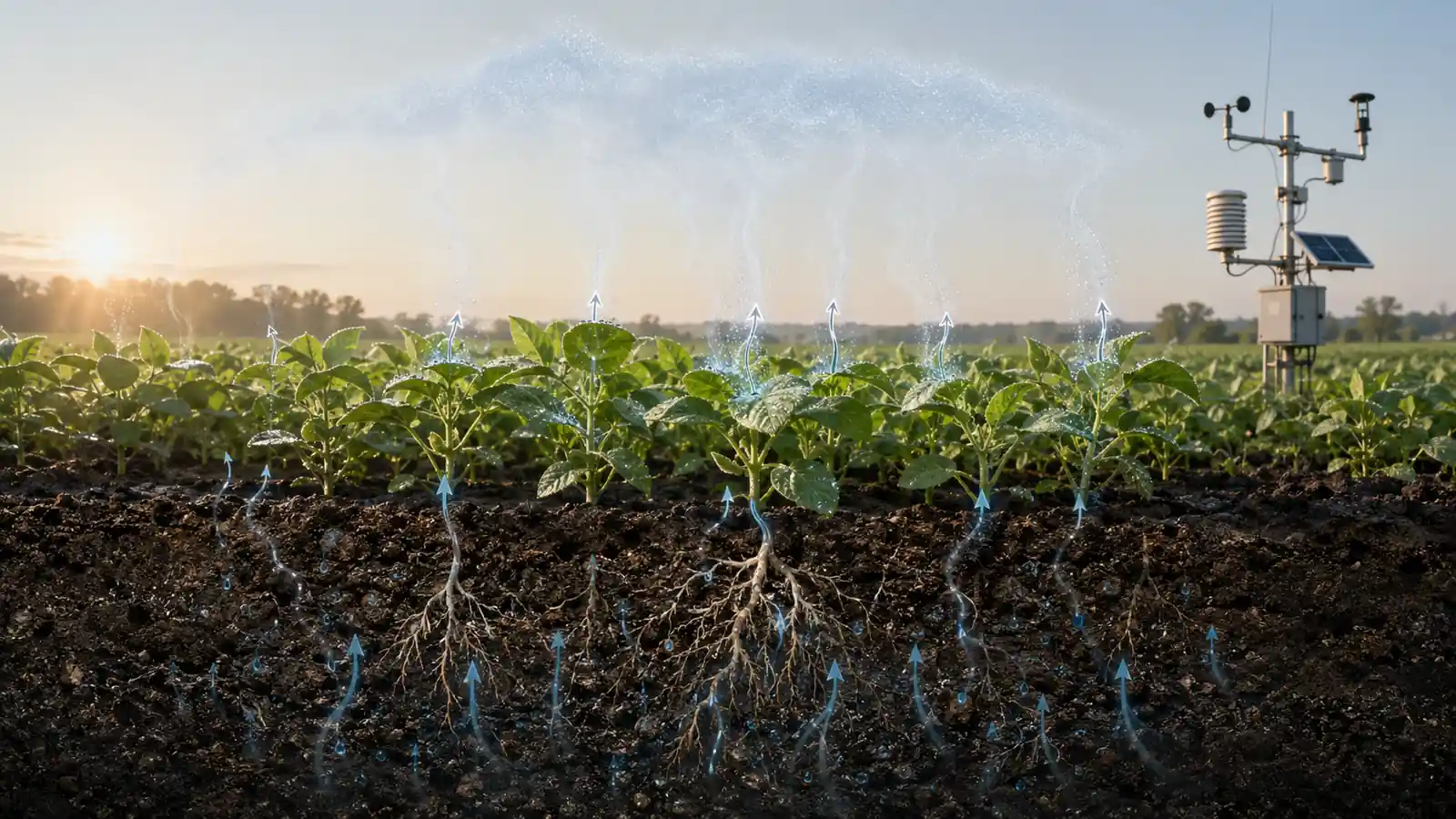 Evapotranspiration over a crop field showing root water uptake, soil evaporation, leaf transpiration, and vapor rising above the canopy.