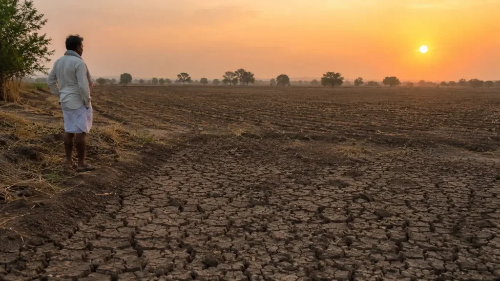 Farmer standing beside a dry agricultural field at dusk, showing the fertilizer system pressures that quantum soil enhancers aim to replace.