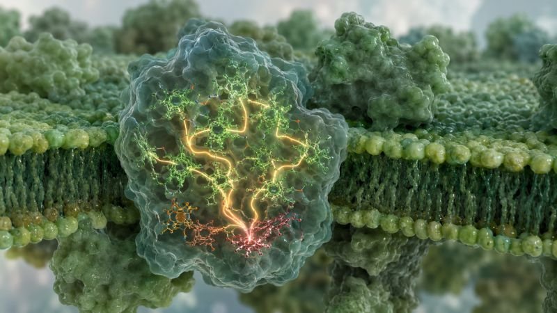 FMO complex in a green sulfur bacterial photosynthetic membrane, showing clustered pigment molecules and multiple energy transfer pathways toward a reaction center