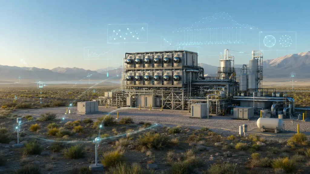 Direct air carbon capture facility in an arid landscape with sensor nodes and data flows showing future AI eco tech optimization.