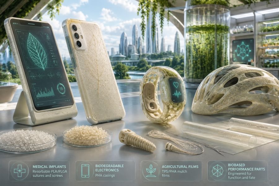 Futuristic bioplastic applications including biodegradable electronics casing, resorbable medical implants, agricultural films, and bio-based performance materials