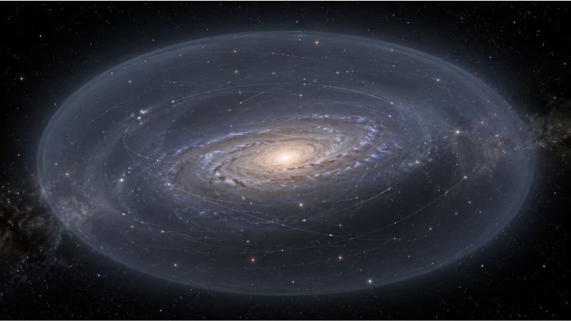 Spiral galaxy surrounded by a transparent galactic dark matter halo showing the extended invisible mass structure beyond the luminous disk