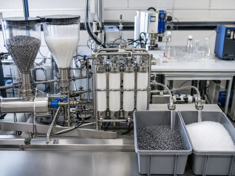 Mixed metal and polymer granules entering a lab-scale separation system with membranes, sorted output bins, and thermodynamic instrumentation.