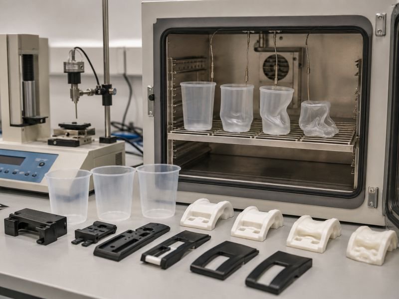 Polymer cups and molded plastic parts tested under controlled heating to measure glass transition temperature and softening behavior