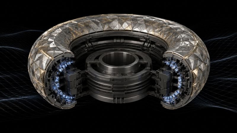 Cutaway view of a gravitational metamaterial torus with crystalline outer shell, resonant core, and blue transduction modules for gravitational wave energy conversion