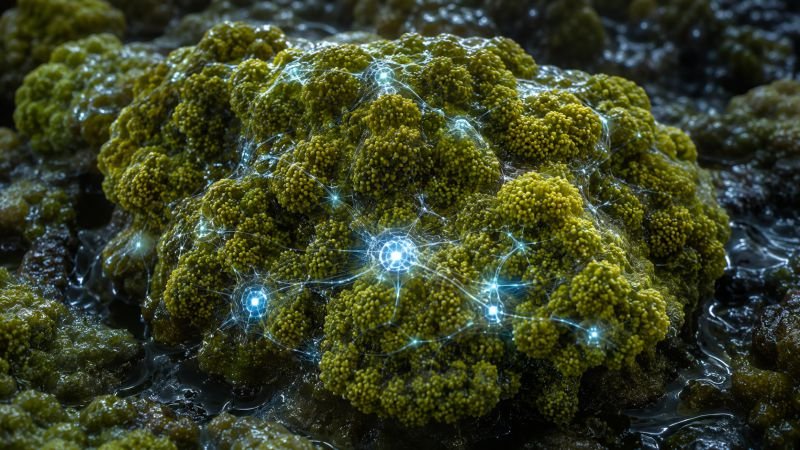 Green sulfur bacteria colony with highlighted energy transfer pathways between clustered light-harvesting structures in a close-up scientific scene