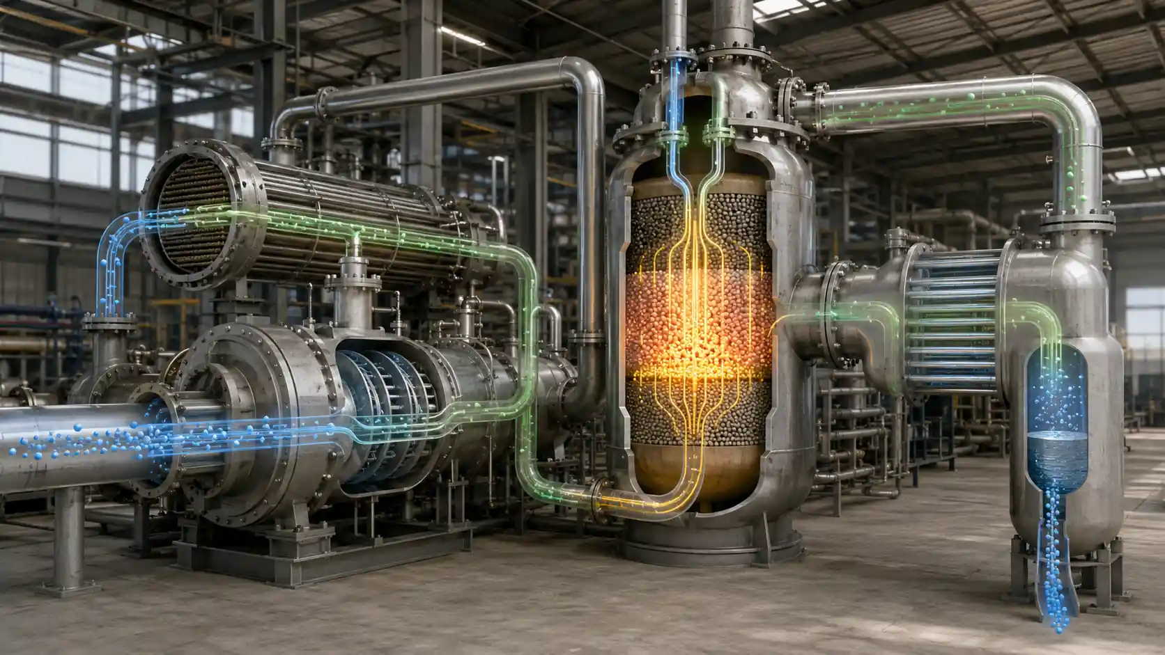 Haber-Bosch process reactor hall with gas streams entering a catalyst bed, recycled flow paths, heat exchange surfaces, and condensed ammonia output.
