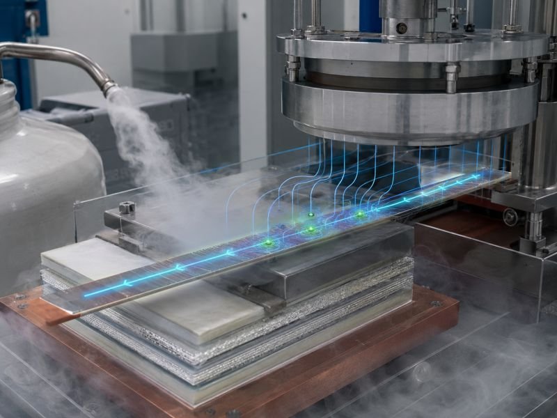 High-temperature superconductor tape in a cryogenic setup with liquid nitrogen vapor, magnetic field lines, and pinned vortices in a materials physics experiment