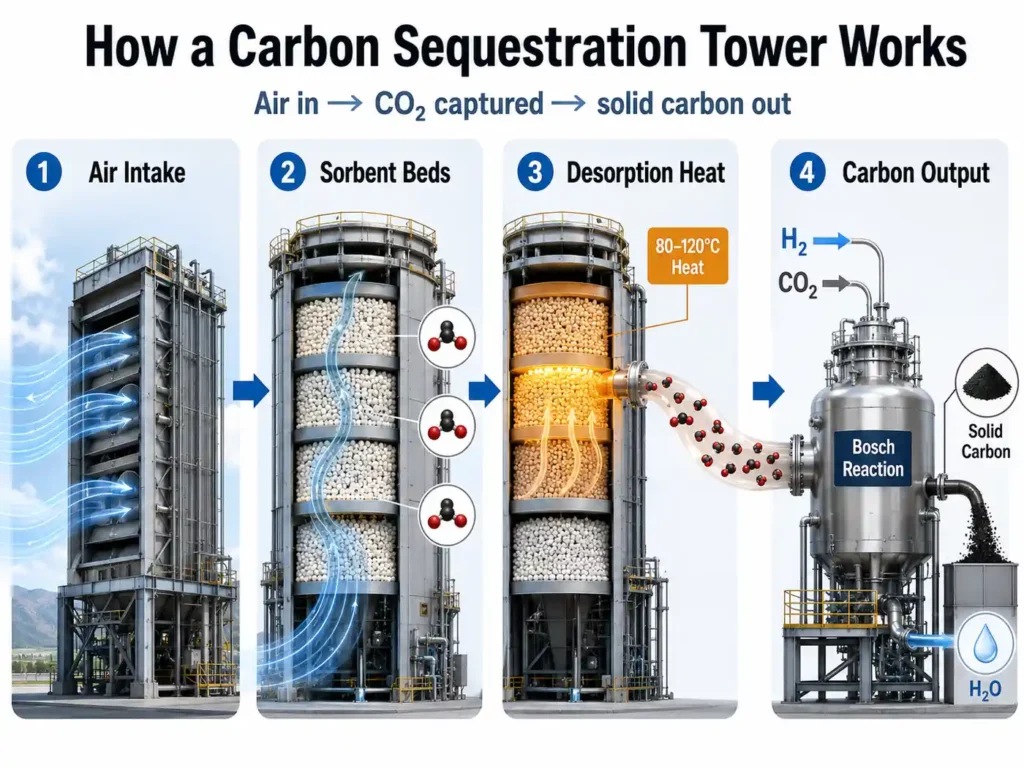 Infographic showing how Carbon Sequestration Towers capture CO2 from air with sorbent beds, release it by heating, and convert it into solid carbon.