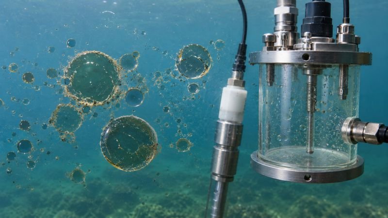 Marine microbiology scene with oil droplets in seawater, bacterial growth at droplet interfaces, and nearby monitoring equipment for bioremediation research