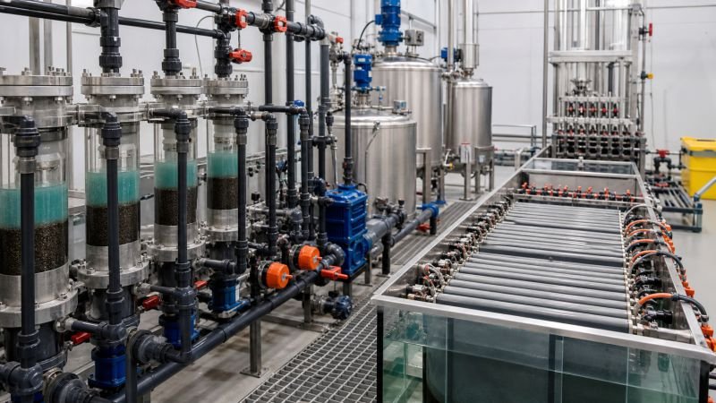 Hydrometallurgy processing facility with solution tanks, filtration columns, pipelines, and electrowinning cells for aqueous metal recovery.