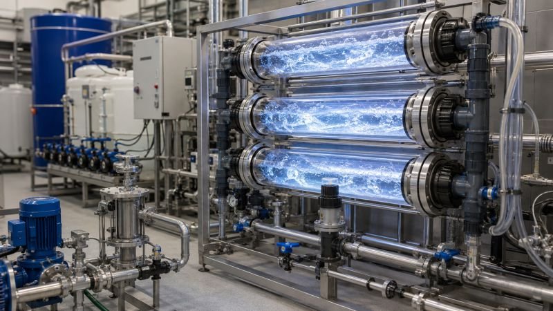 Advanced oxidation treatment system with UV reactor tubes, flowing water, and ozone-peroxide process equipment in a laboratory setting