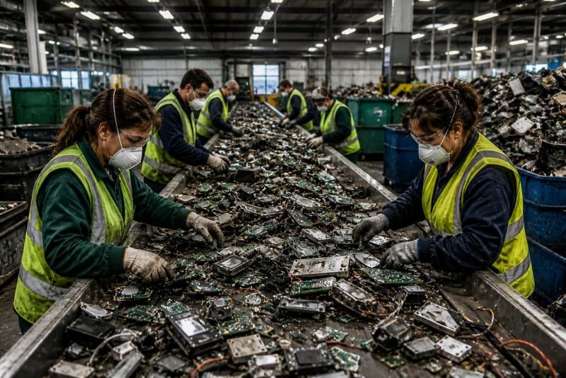 Workers sorting circuit boards, cables, and mixed electronic waste on a conveyor belt inside an industrial recycling facility.