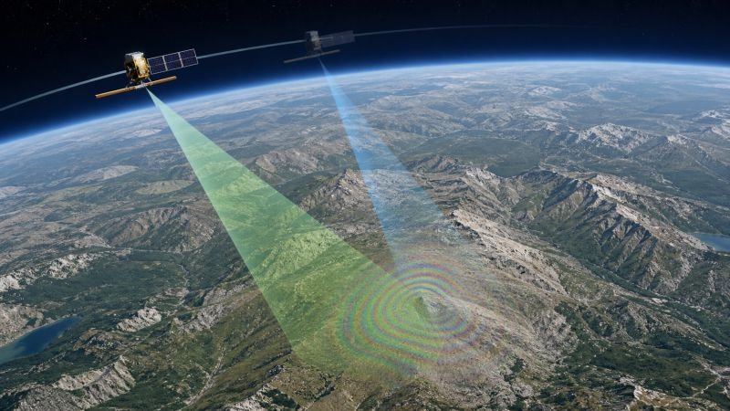 Satellite radar passes over mountainous terrain to measure ground movement and surface deformation using InSAR.
