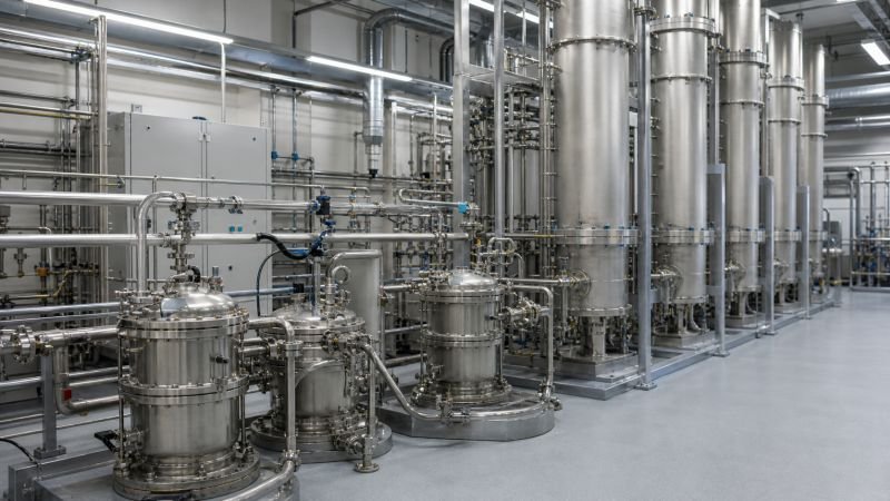 High-precision isotope separation system with cylindrical process hardware, shielded lines, and controlled instrumentation inside a clean nuclear science facility.