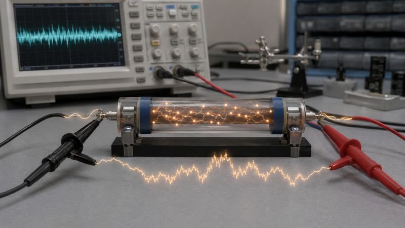 Johnson-Nyquist noise shown in an electronic test circuit with a resistor, probes, random charge motion, and fluctuating signal traces on a lab bench