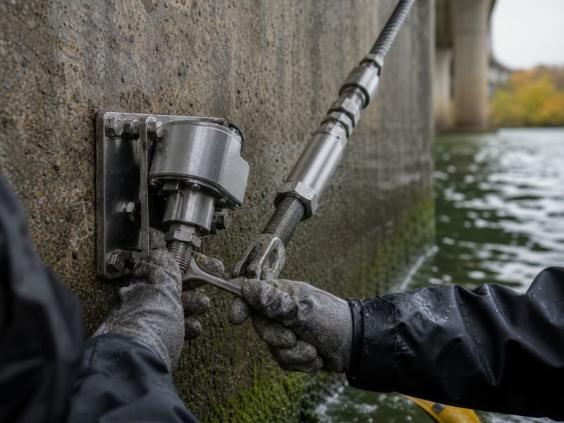 Technician adjusting a threaded cable anchor fitting on a concrete bridge pier near the river waterline.