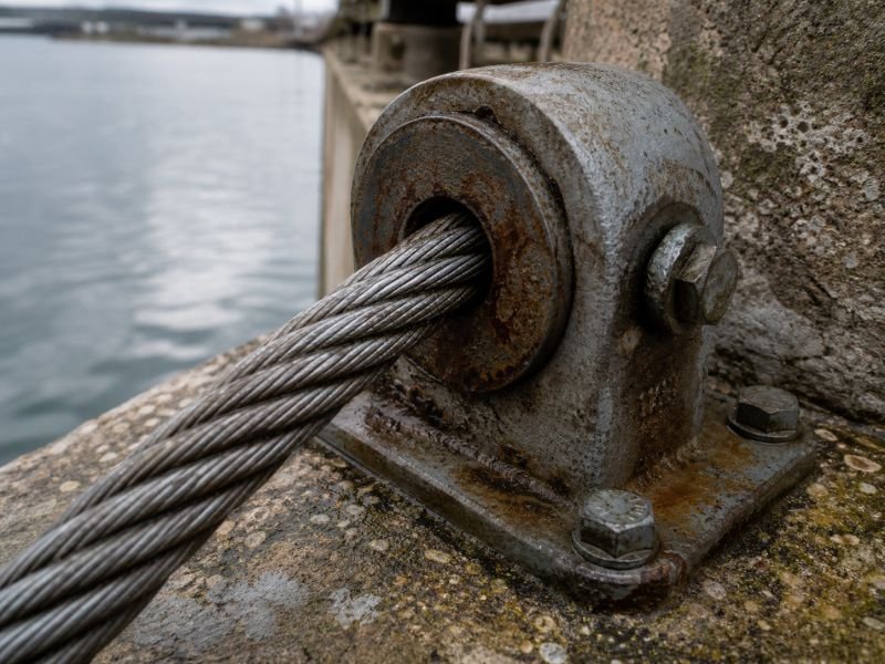 Close-up of a steel cable entering a corroded metal anchor fitting on a concrete structure near water.