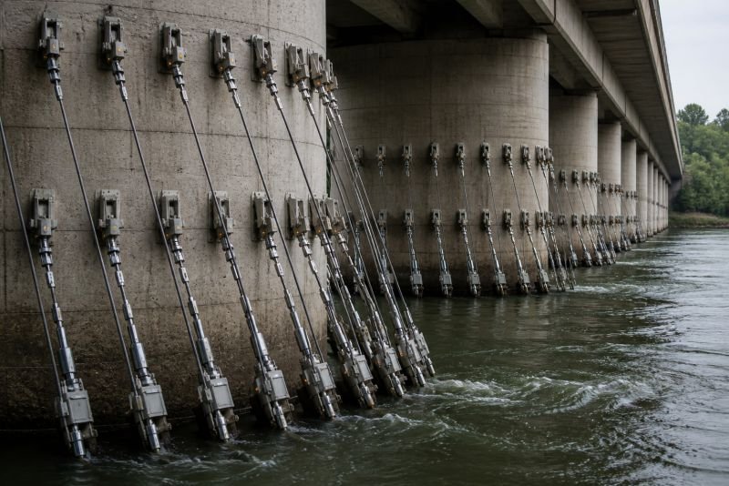 Large array of Karman vortex cable energy harvesting devices mounted on concrete bridge piers above moving river water.