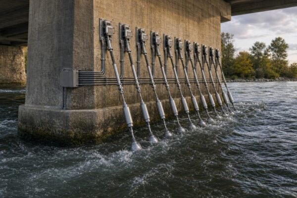 Karman vortex cable energy harvesting array mounted on a concrete bridge pier in a fast-flowing river.