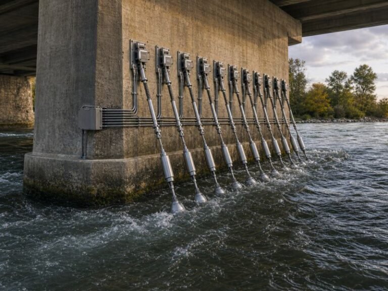 Karman vortex cable energy harvesting array mounted on a concrete bridge pier in a fast-flowing river.