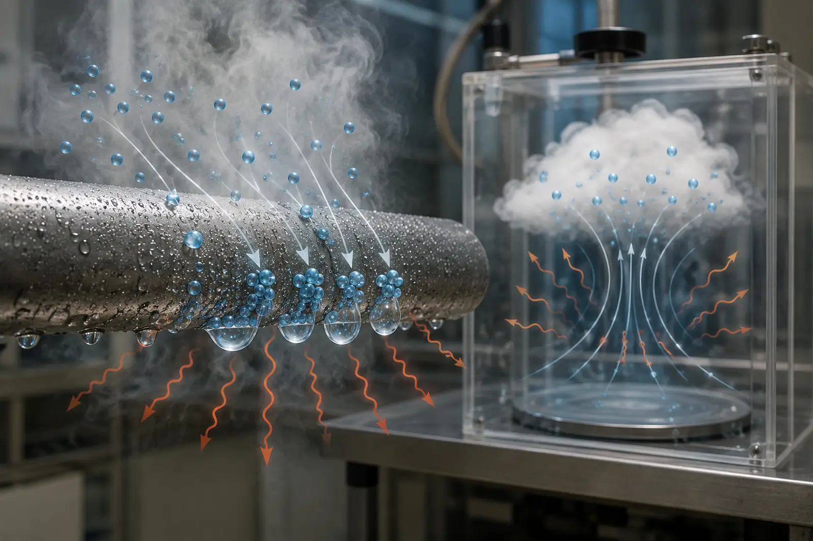 Latent heat of condensation shown with vapor forming water droplets on a cool metal surface and heat flowing into the surrounding air.