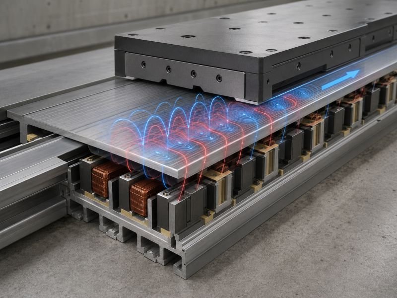 Linear induction motor guideway cutaway showing embedded primary coils, conductive reaction plate, traveling magnetic wave, and forward thrust