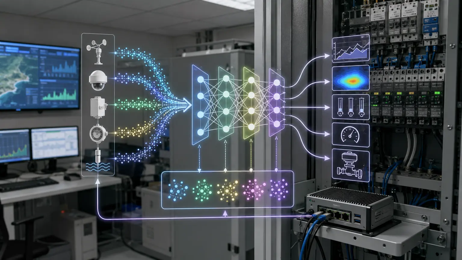 Machine learning in data science shown through environmental sensor streams, edge computing hardware, model layers, and control outputs.