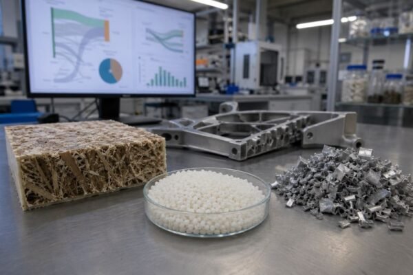 Materials research lab with flax fiber composite, PLA pellets, aluminum alloy chips, and a lightweight structural component on a steel workbench.