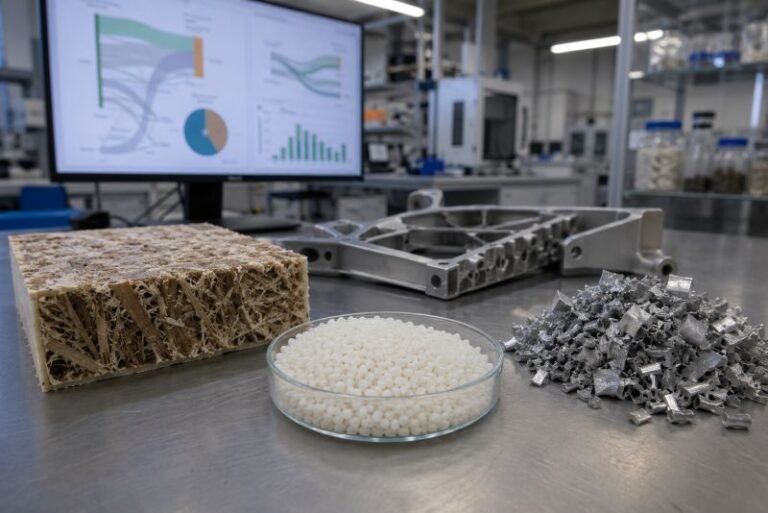 Materials research lab with flax fiber composite, PLA pellets, aluminum alloy chips, and a lightweight structural component on a steel workbench.