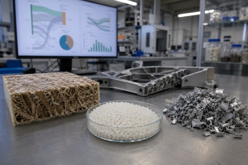 Materials research lab with flax fiber composite, PLA pellets, aluminum alloy chips, and a lightweight structural component on a steel workbench.