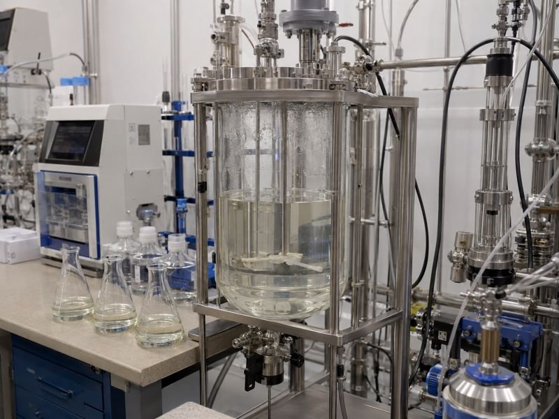 MHETase enzyme engineering setup with clear reactor vessel, PET intermediate samples, assay equipment, and stainless processing hardware