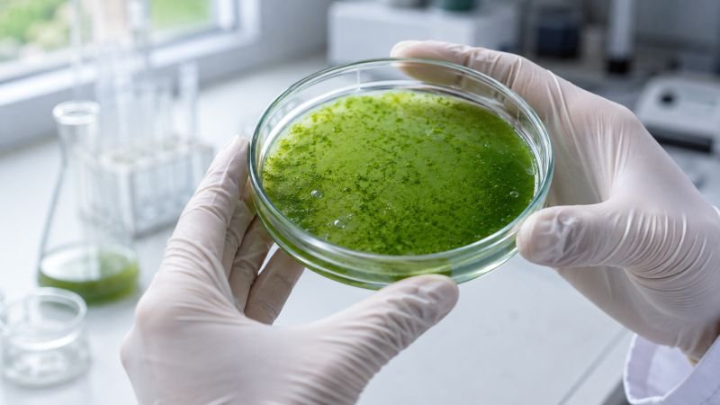 Researcher holding a petri dish with green microalgae culture in a laboratory, showing algae feedstock for bioplastics production