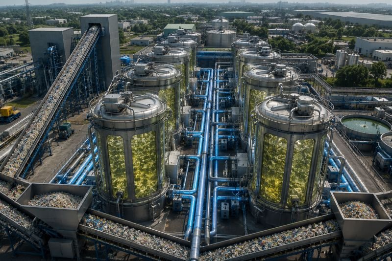 Modular biological recycling facility with multiple PET bioreactors connected by pipelines and conveyor systems for shredded plastic processing