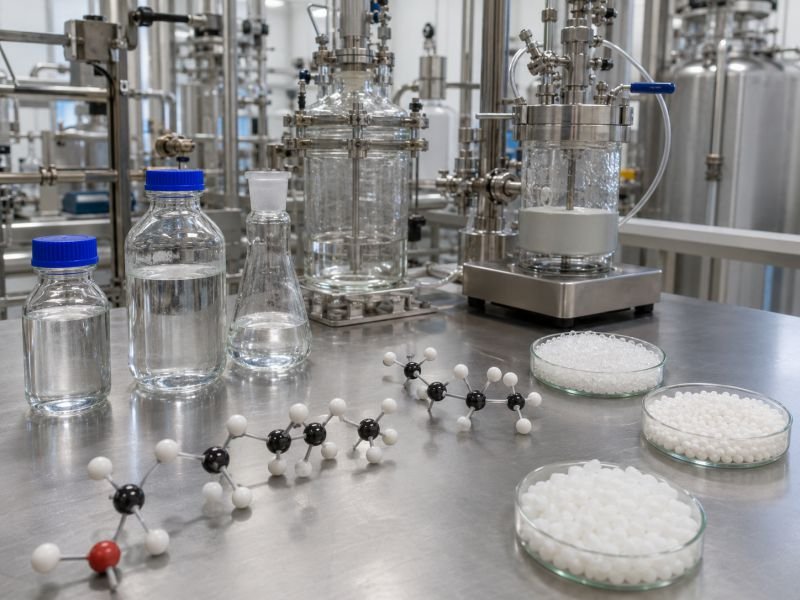 Clear monomer liquids, reaction vessels, molecular model components, and finished plastic pellets in a polymer chemistry synthesis lab