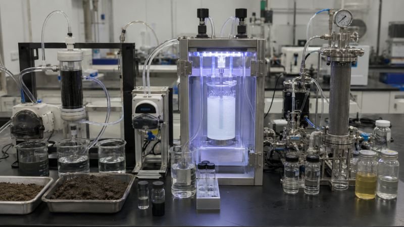 Laboratory setup with soil samples, water vessels, UV treatment chamber, carbon filtration column, and metal reactor for nanomaterial contaminant treatment