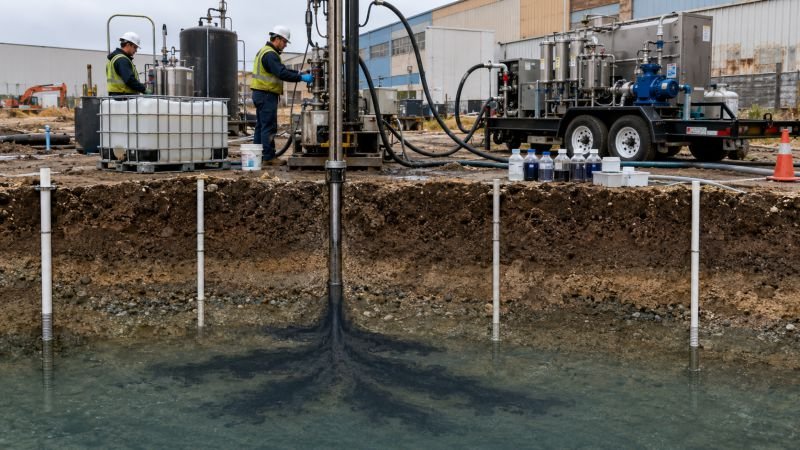 Field remediation setup injecting nanoscale zero-valent iron slurry into monitoring wells beside a soil and groundwater cutaway at an industrial site