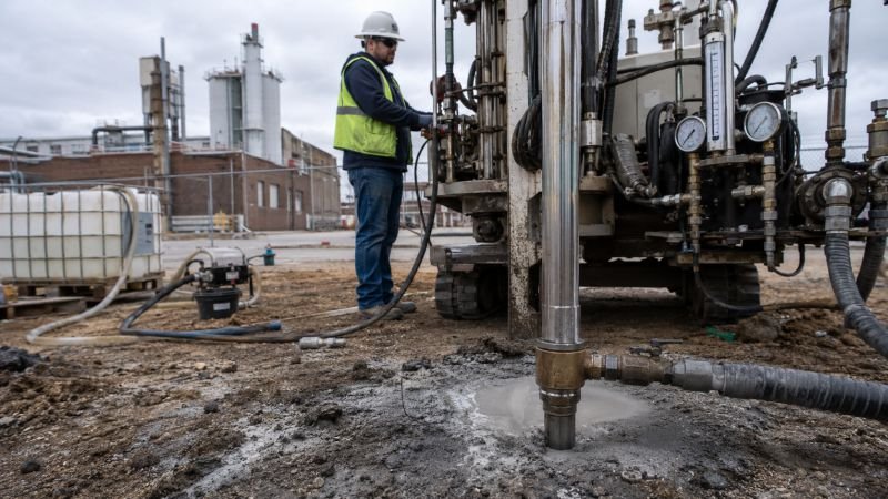Environmental engineer operating a direct-push injection rig at a contaminated industrial site, with a steel injection rod, pressure gauges, and monitoring equipment