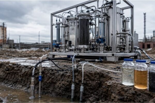 Field treatment system with stainless reactors, groundwater sampling lines, contaminated soil, and water samples at an industrial remediation site