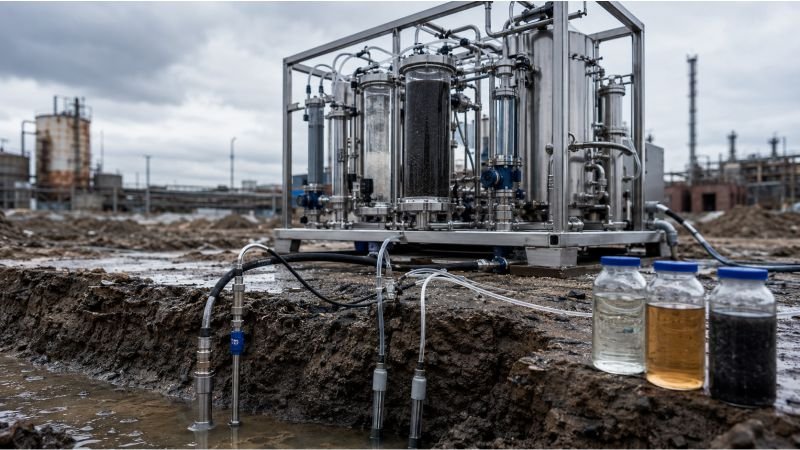 Field treatment system with stainless reactors, groundwater sampling lines, contaminated soil, and water samples at an industrial remediation site