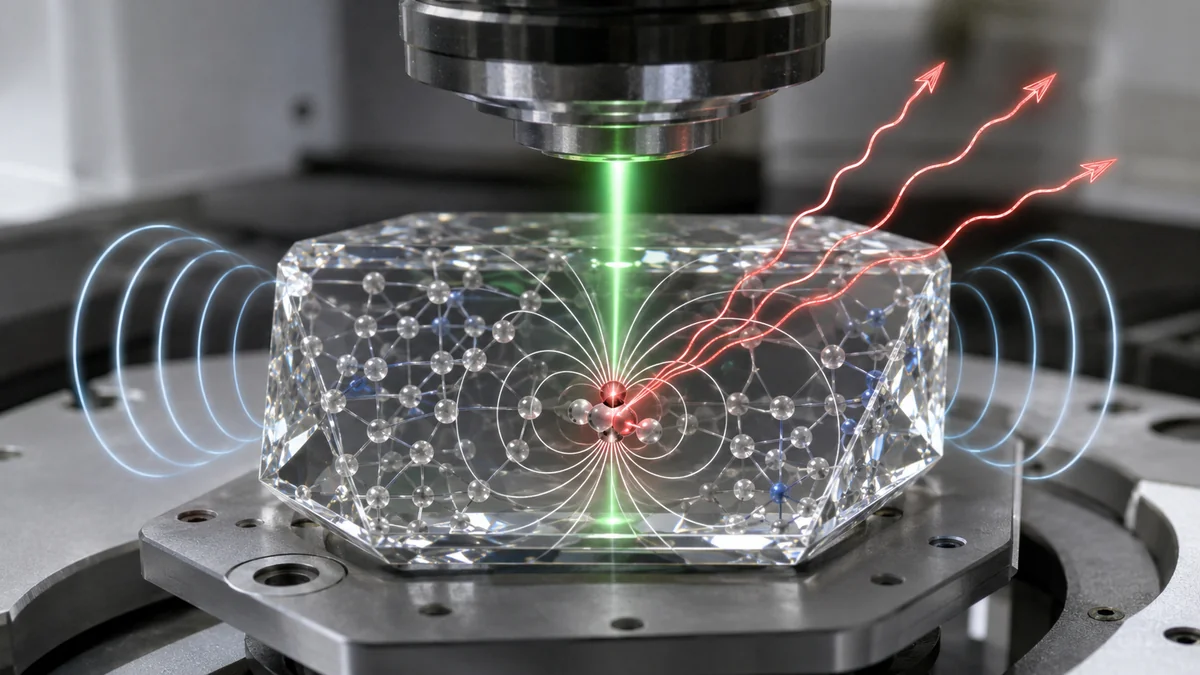 Nitrogen-vacancy center inside a transparent diamond chip showing laser excitation, fluorescence paths, and magnetic field lines in solid-state physics.