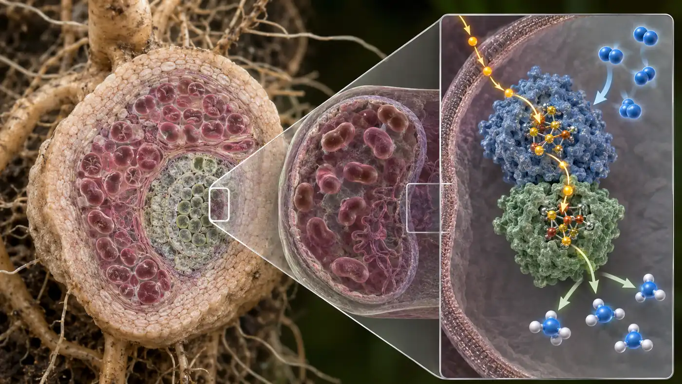 Nitrogenase enzyme activity inside a legume root nodule showing microbial cells, electron flow through metal-sulfur clusters, and ammonia formation.