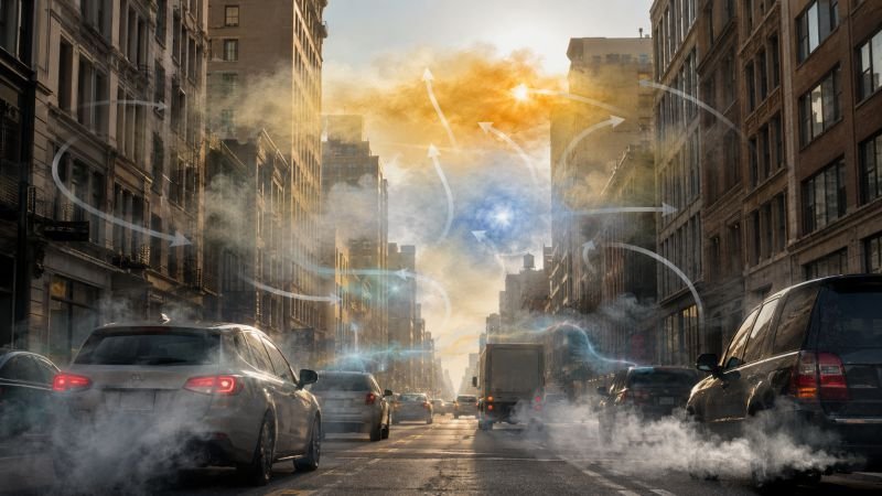City street canyon with vehicle exhaust and reactive NOx plumes mixing through sunlit urban air between building facades