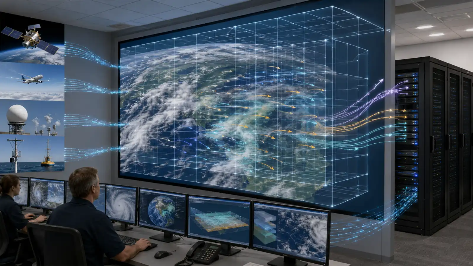 Numerical weather prediction operations room showing atmospheric grid cells, satellite cloud imagery, sensor inputs, and forecast data flowing into a supercomputer.