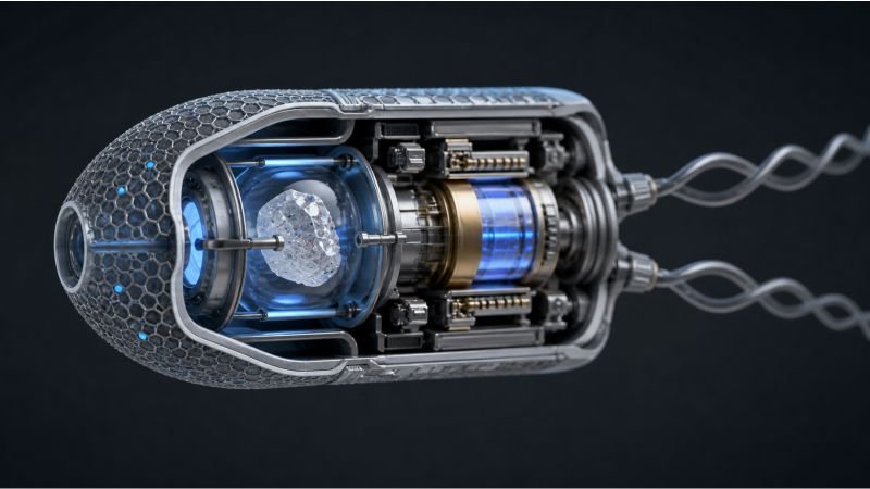 Cross-section of an ocean cleanup microbot showing the sensor shell, internal power cell, neutralization chamber, and helical propulsion elements