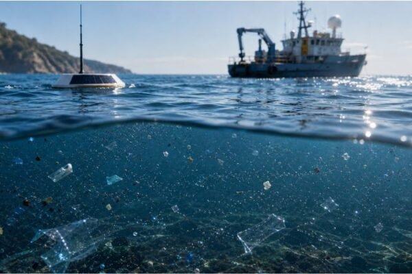 Research vessel above micro-scale ocean cleanup units working below the surface among suspended microplastic fragments in open seawater